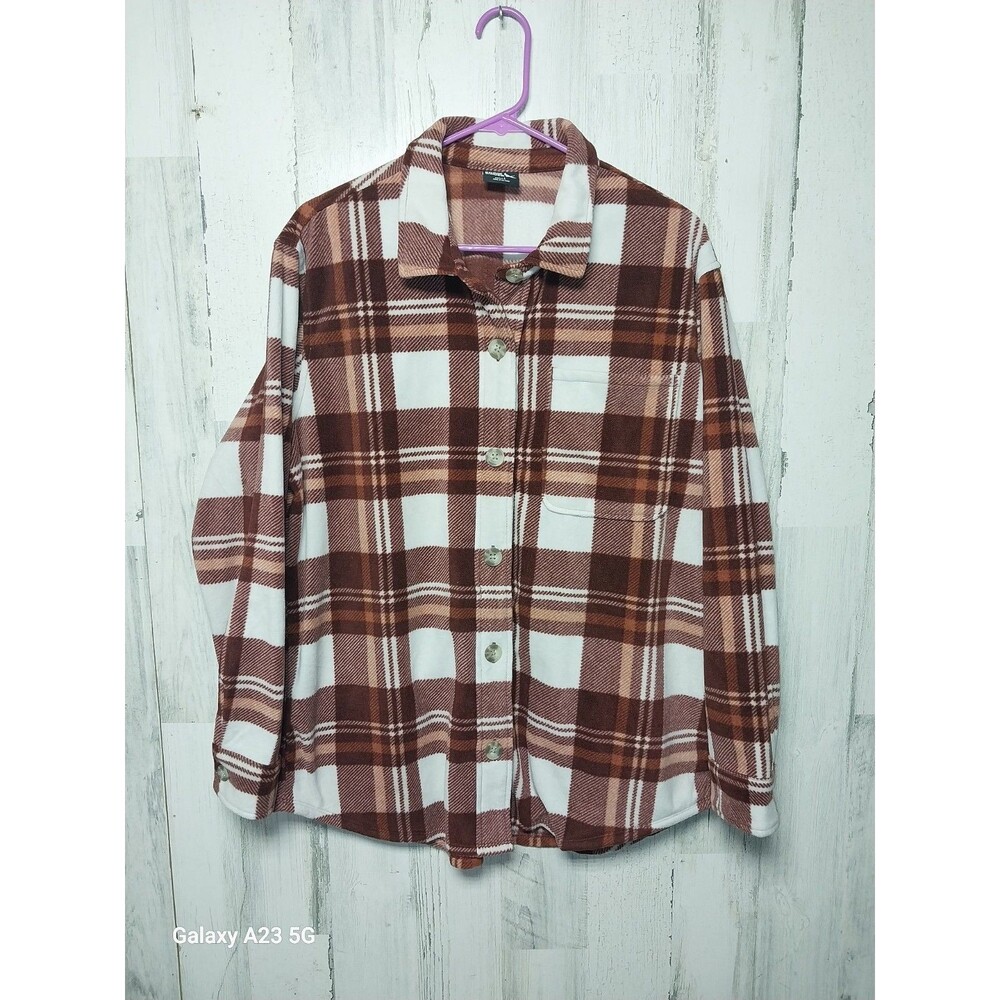 Eddie Bauer Microfleece Women's L Brown Plaid Button Shirt Shacket Side Pockets